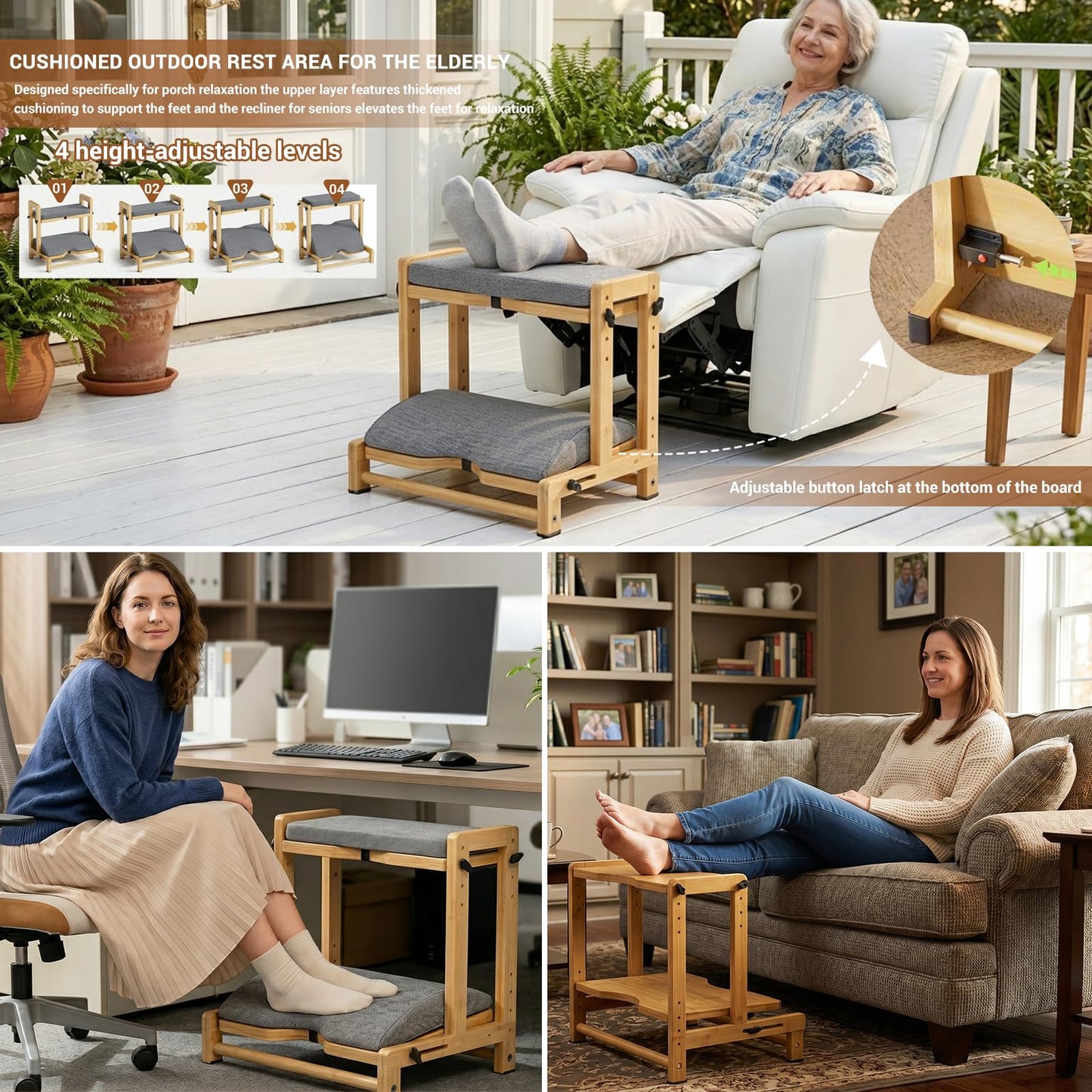 Double Foot Rest Under Desk, Adjustable Wooden Under Desk Footrest with Cushion, Ergonomic Foot Stools for Office, Gaming & Study, Relieve Leg Hip & Back Pressure, Improve Circulation