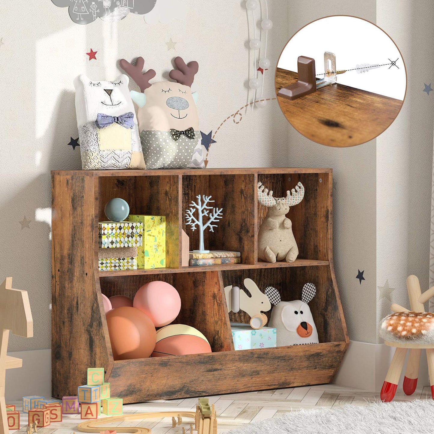 HOOBRO Kids Bookshelf, Bookcase Footboard, Toy Storage Cubby, Children's Toy Shelf, 39.4" L Toy Storage Cabinet, Fit for Children's Room, Playroom, Hallway, Kindergarten, Rustic Brown BF132CW01