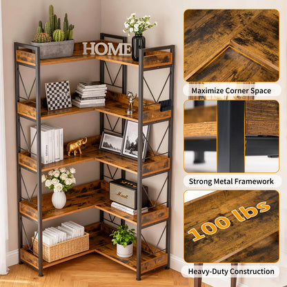 DUMOS 65 inch L Shaped Bookshelf, 5 Tier Corner Bookcase with Hooks and Edge, Industrial Pantry Shelves with Metal Frame, Wooden Open Storage for Living Room, Home Office, Bedroom, Rustic Brown