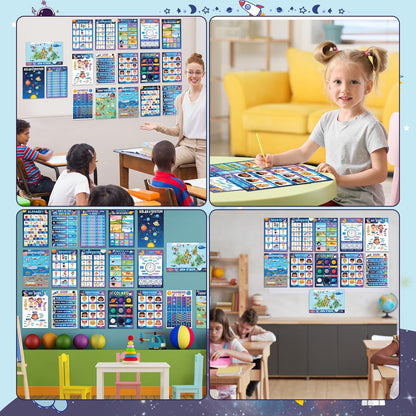 Funrous 18 Pcs Space Educational Posters for Classroom Decorations Preschool Kindergarten Elementary Toddlers Prek Learning Chart Material Us World Map, Abc Alphabet, Shapes, Numbers, Days of The Week