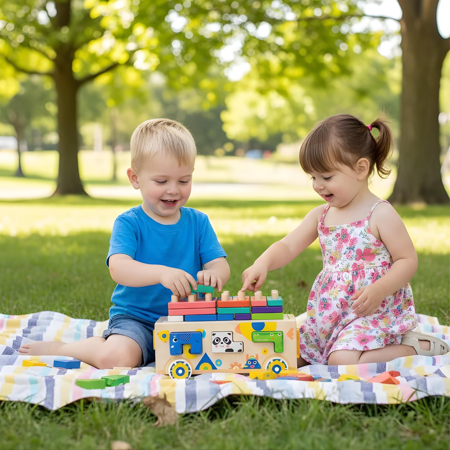 Wooden Montessori Toddler Toy Car Animal Shape Sorting & Peg Stacking Blocks Educational Learning Toy for Toddlers Ages 2-4 Fine Motor Skills Preschool Toy Wooden Shape Sorter Gift for Boys Girls