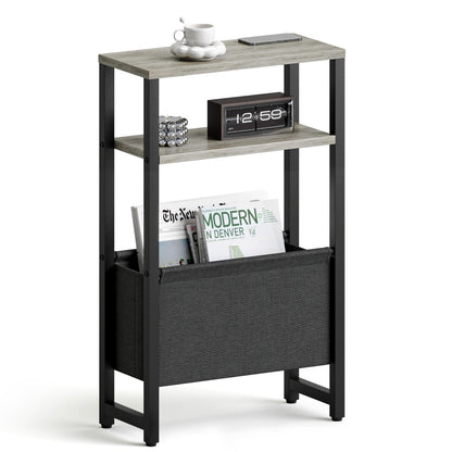 IRCPEN Narrow Side Table with Charging Station Slim End Table Sofa with Magazine Rack, Bedside Table for Small Spaces, 3 Tier Nightstand for Living Room Couch, Bedroom Oak Grey LET503QE
