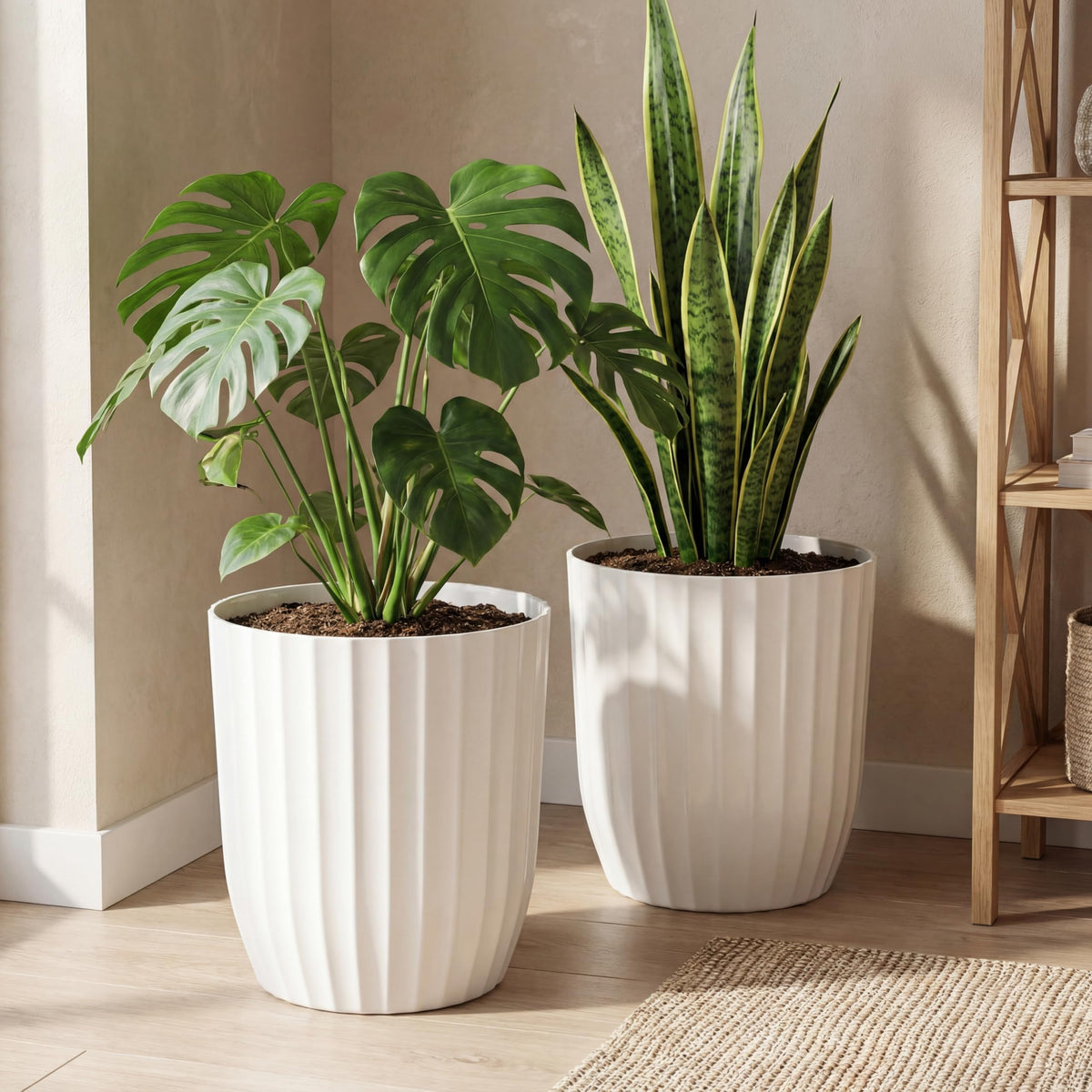 Briwooody 2 Pcs Tall Planter 12.6" Large Round Plastic Plant Pots with Drainage Hole and Tray White Modern Planter for Indoor Outdoor Plants Home Office Kitchen Bedroom Living Room Porch Patio Decor