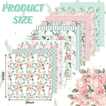 Whaline 12 Pcs Cotton Fabric Bundles Floral Greenery Fabric Square Pink Green Retro Flower Sewing Fabrics for Spring DIY Handmade Craft Decor, 14 x 14 in