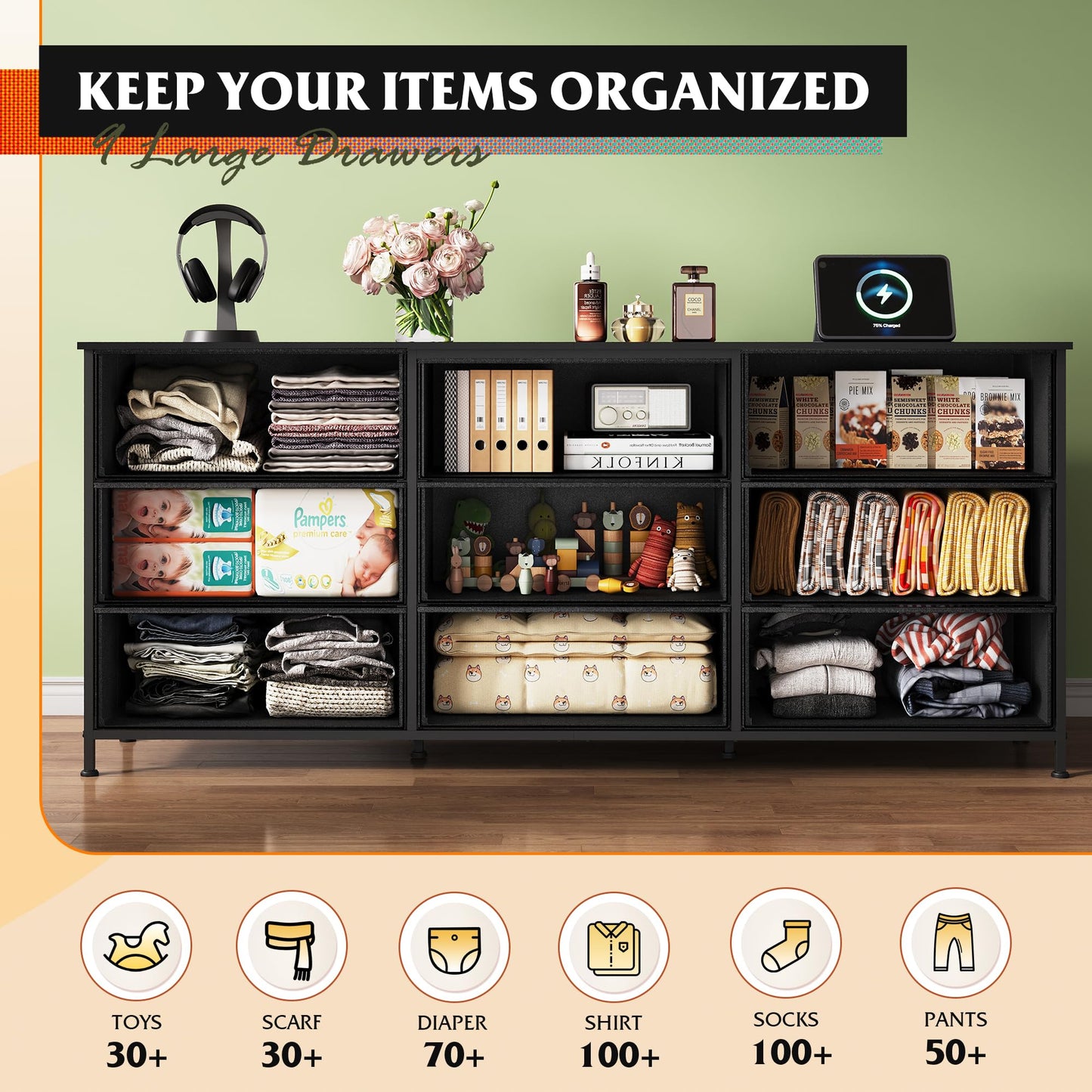 WLIVE 63''W Dresser for Bedroom, Black Dresser TV Stand for 65, 70, 75 inch TV, Wide Chest of Drawers with 9 Drawer, Large Entertainment Center, Fabric Dressers with Wood Top for Closet, Living Room