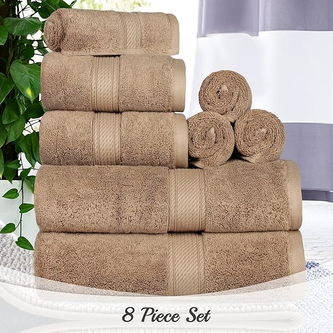 Superior Egyptian Cotton 8-Piece Solid Towel Set, Washcloths 13” x 13”