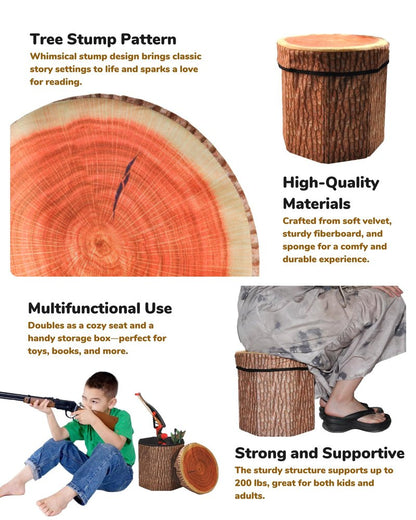 CHEFAN Fruit Storage Stool Ottoman,Tree Stump Stool, Cute Folding Storage Toy Box, Collapsible Seat Chest, Wood Stump Organizer Stool for Toy, Cloth and Kids