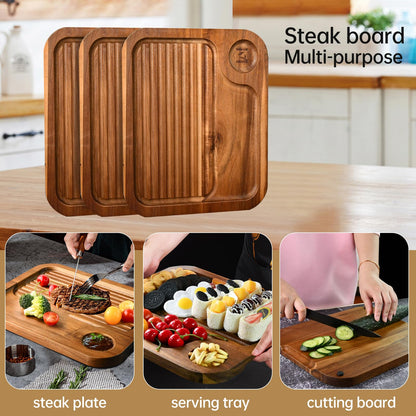 4 pcs Acacia Wood Steak Plates,Carnivore Cutting Board for Eating, Carved Meat Wooden Plate, Food Serving Tray,Cheese Charcuterie Boards with Deep Grooves & Hidden Handles