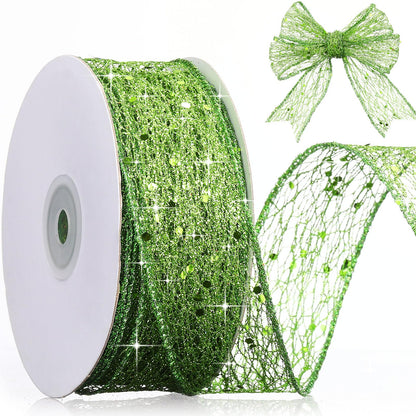Geosar 1 Roll Lime Green Mesh Glitter Ribbon 1.5 Inch x 20 Yard Christmas Glitter Sheer Metallic Wired Ribbon for Home Party Gift Wrapping Wreath DIY Crafts Xmas Tree Decor
