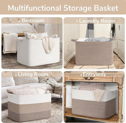 Goodpick 105L Woven Blanket Basket 25" x 16" x 16" Cotton Rope Storage Bins for Dirty Clothes, Extra Large Gift Basket for Living Room Home Decor, Toy Storage Baskets for Kids, Gradient Brown