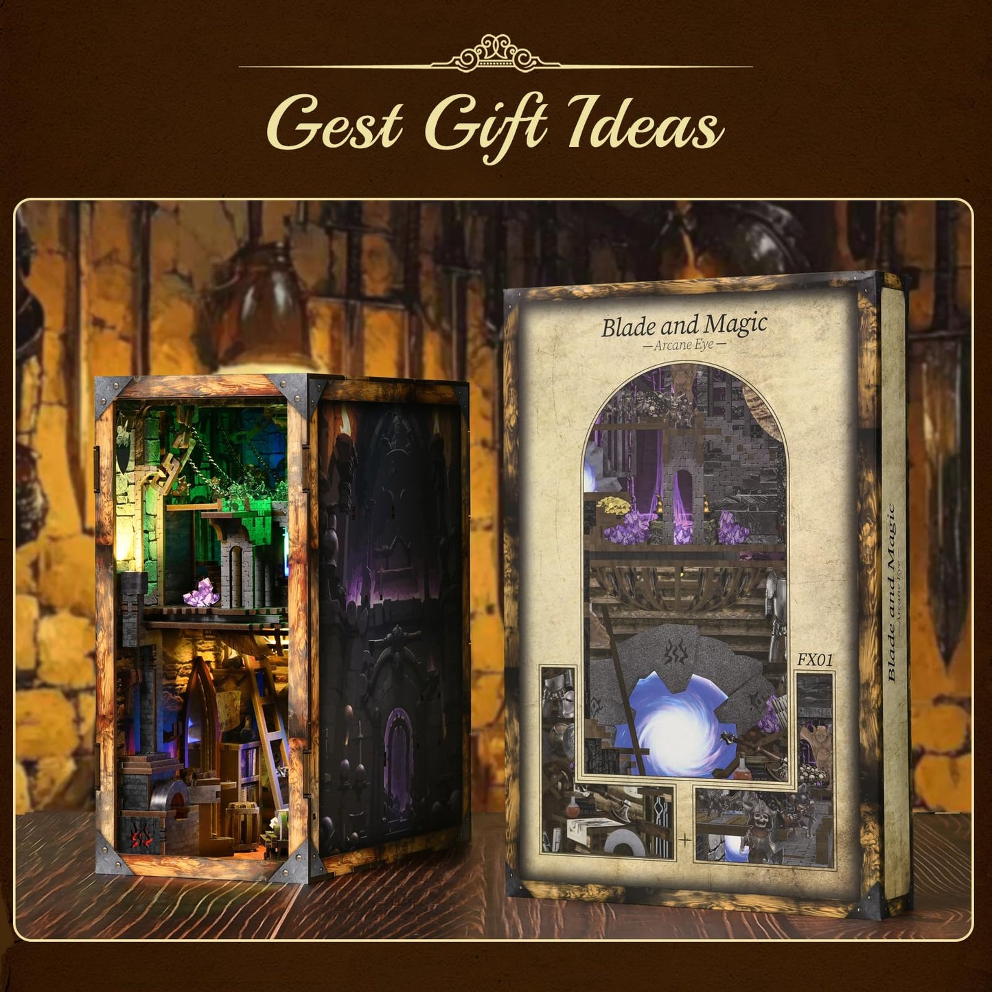 CCCDF DIY Book Nook Kit, DIY Miniature Dollhouse Booknook Kit, 3D Wooden Puzzle Bookend Bookshelf Insert Decor with LED Light for Teens and Adults (Blade and Magic)