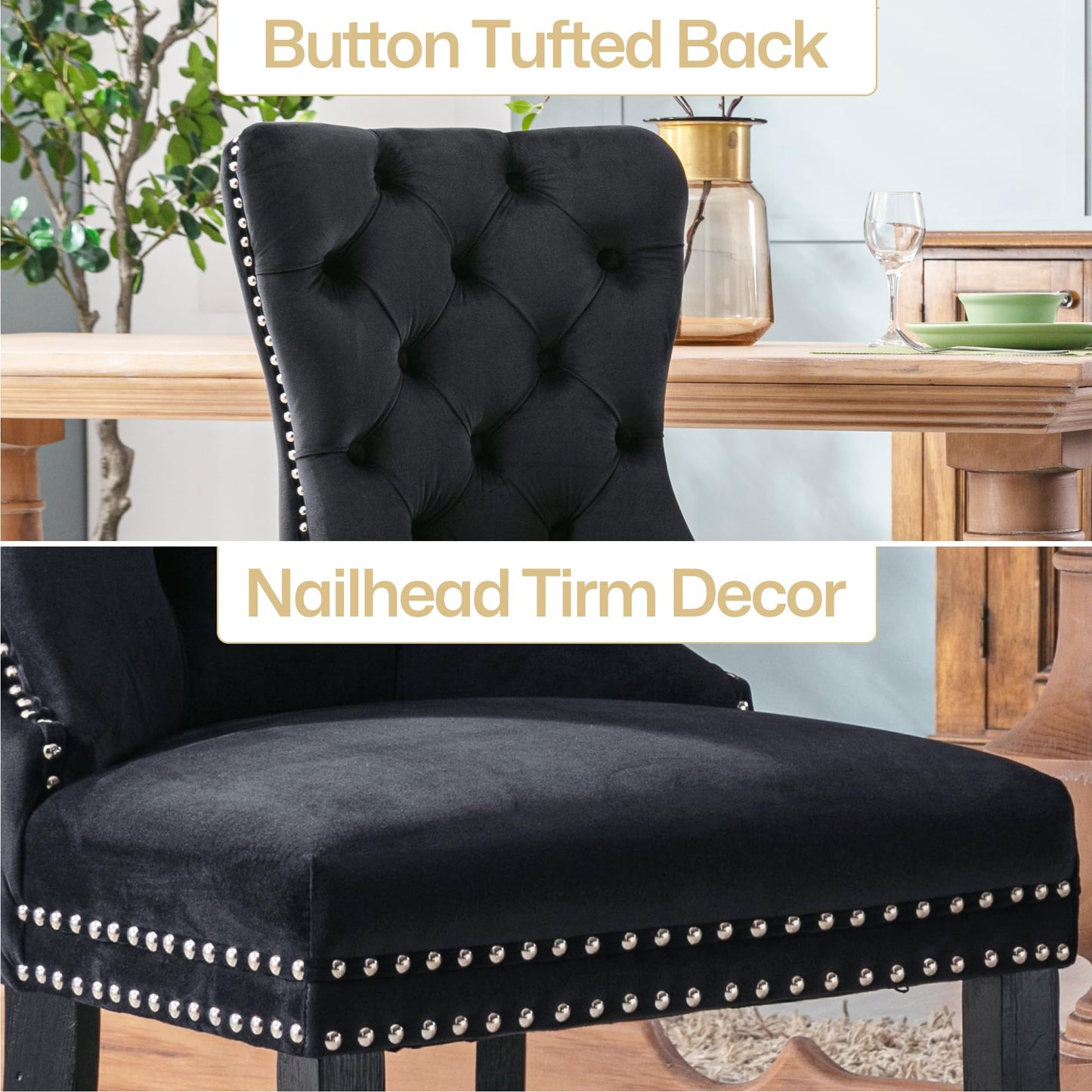 Homedraft Velvet Dining Chairs Set of 4, Nikki Collection Dining Room Chairs with Wood Legs and Pull Ring, Luxury Side Chair with Nailhead Trim and Button Tufted Back, Black