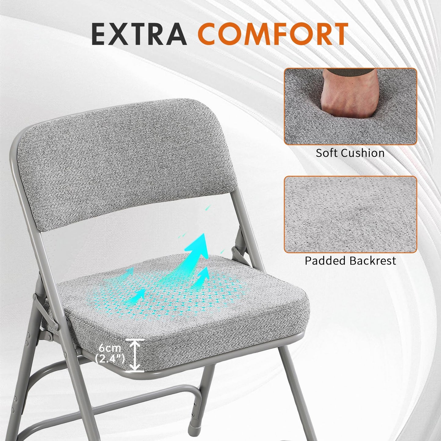 TAO ONE Padded Folding Chairs - Comfortable Folding Chair with Cushion - Heavy Duty Metal Folding Chair Upholstered Fabric Padded Seat - Cushioned Folding Chairs for Indoor Office Vanity -Grey