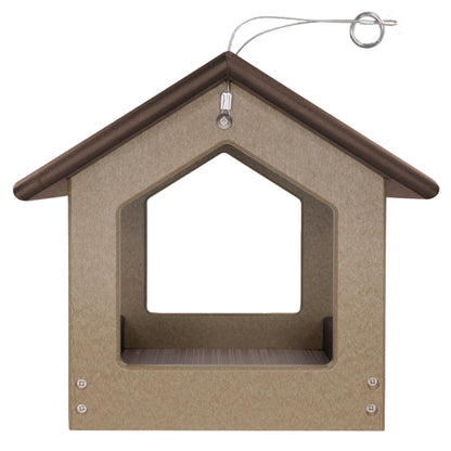 DutchCrafters Amish USA Made Recycled Plastic Large Hanging Modern Fly Through Covered Roof Open Platform Tray Bird Feeder for Outdoors, Garden, Yard (Tudor Brown & Weatherwood)