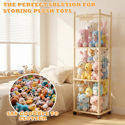Stuffed Animal Storage Organizer Zoo Tower, Large Wooden Plush Toy Organizer & Holder with Elastic Cords & Brake, Plushies Storage for Playroom Bedroom Nursery, Natural Solid Wood, Easy Assembly