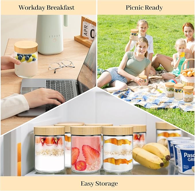 TBWIND 4 Pack 16oz Glass Jars with Bamboo Lids, Spoons, Airtight Overnight Oats Containers, Wide Mouth Mason Jars, Food Storage Container for Yogurt Salad Snacks Spice Sugar Meal Prep – Reusable