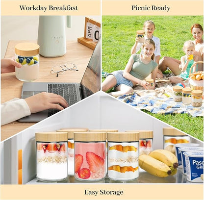 TBWIND 4 Pack 16oz Glass Jars with Bamboo Lids, Spoons, Airtight Overnight Oats Containers, Wide Mouth Mason Jars, Food Storage Container for Yogurt Salad Snacks Spice Sugar Meal Prep – Reusable