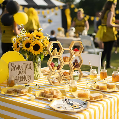 Lallisa 8 Pcs 6.3 Inch Honeycomb Cupcake Stand Bee Baby Shower Decorations with 16 Bee 8 Flower Farmhouse Wooden Hexagon Cake Display Holder Beehive Shelves Table Sign for First Gender Reveal