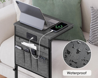 Vagusicc C Shaped End Table with Charging Station, 33" Tall Side Table for Couch, Sofa Table Adjustable Height Couch Side C Table, Slide Under Sofa Tray Table for Living Room Bedroom, Gray Walnut