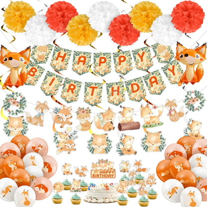 Outus 79 Pcs Fox Theme Birthday Party Decorations Woodland Fox Animal Supplies Kit Include Happy Birthday Banner Pom Pom Flowers Hanging Swirls Latex Balloons Cupcake Topper