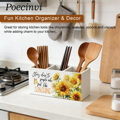 Poecinvi Inspirational Sunflower Pen Holder for Home Office Desk, Stay Close to People Who Feel Like Sunshine Motivational Wooden Box Sign Pencil Holder for Desk Shelf Organizer