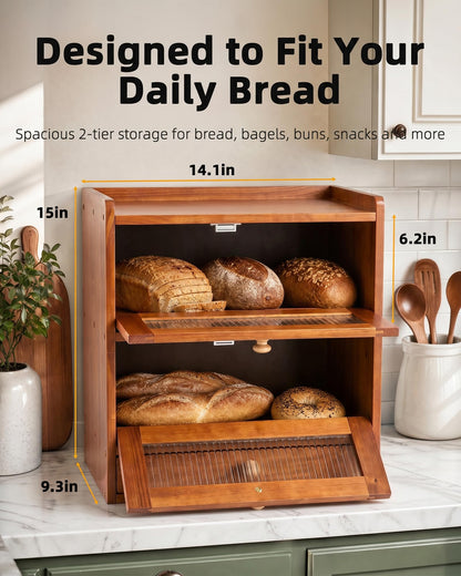 Natapai Wooden Bread Storage Box For Kitchen Countertops, Double-Layered Large-Capacity Bread Box With Acrylic Viewing Window And Cutlery Storage Box-Cherry Wood Color