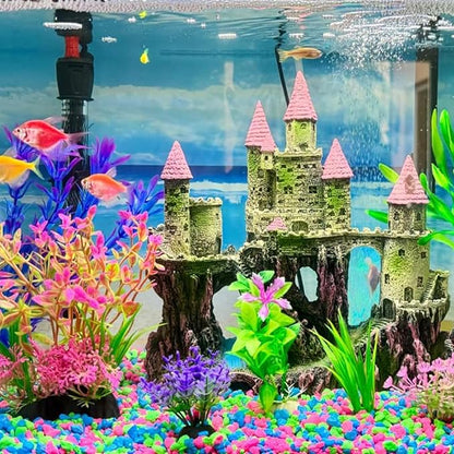 Aquarium Castle Decorations, Resin Castle for Fish Tank with Randomly Color Plants Decor Accessories for Freshwater and Saltwater Fish Tanks (Pink)