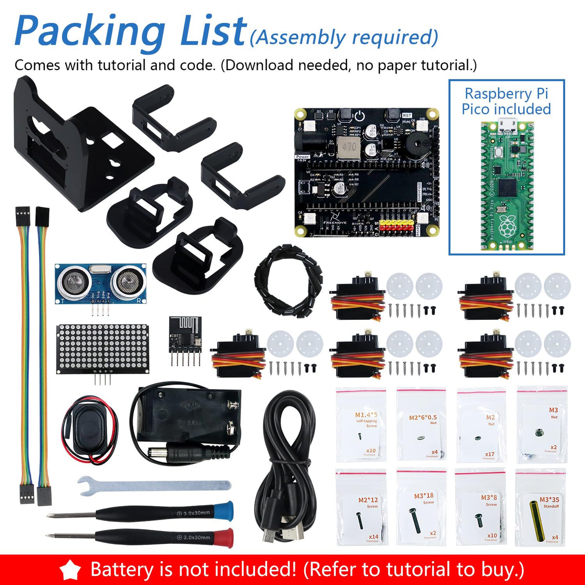 Freenove Bipedal Robot Kit for Raspberry Pi Pico (Included) (Compatible with Arduino IDE), LED Matrix Expressions, Obstacle Avoidance, Colorful Lights, Buzzer, Speaker, App