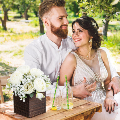Suncalla 6 Sets Artificial Peonies Flowers Table Centerpieces with Wooden Cube Planter Box Wedding Floral Arrangement 4 x 4 Square Wood Vase for Bridal Party Home Table Decor(White)