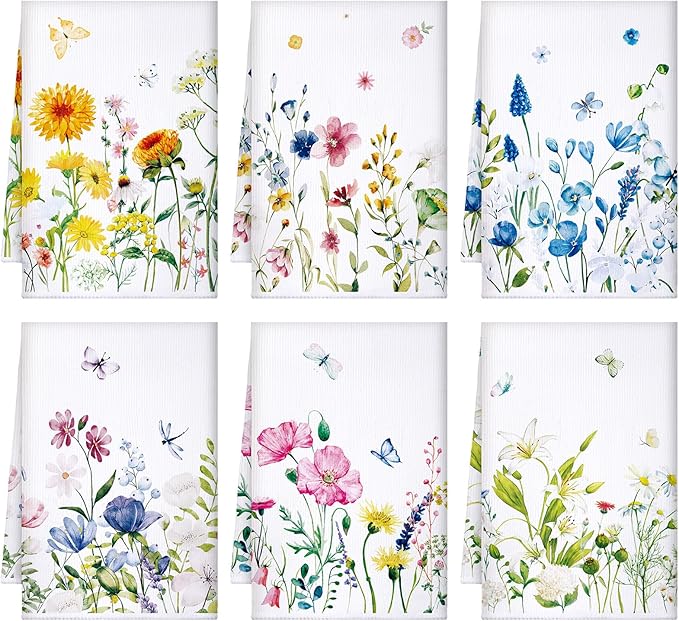 Geyoga 6 Pcs Spring Floral Kitchen Towels Flamingo Dish Hand Towels Sunflower