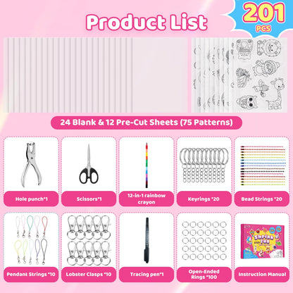 201pcs Shrink Paper Keychain Kit, 24 Blank & 12 Pre-Cut Sheets (75 Patterns) Crafts Kits for Kids Adults, Shrinking Art Activity Set with Hole Punch & Keychain Jewelry Accessories for DIY Crafts