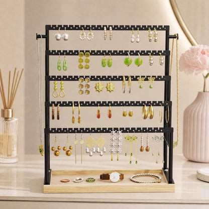 TIPSYTREE 5 Tier Earring Holder Organizer with Attached Wooden Tray, Large Earring Storage for Studs Hoops Dangle Earrings, Black Metal Earring Display Stand for Dresser or Vanity Table