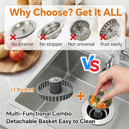 Solid Brass Body 3-in-1 Kitchen Sink Drain Strainer & Stopper, Heavy Duty Pop