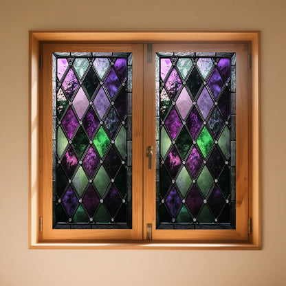 IVN Privacy Window Film Stained Glass Window Cling Purple and Green Diamond Design Decorative Static Cling Window Sticker for Bathroom Kitchen Entry Door 17.7 x 39.3 Inch