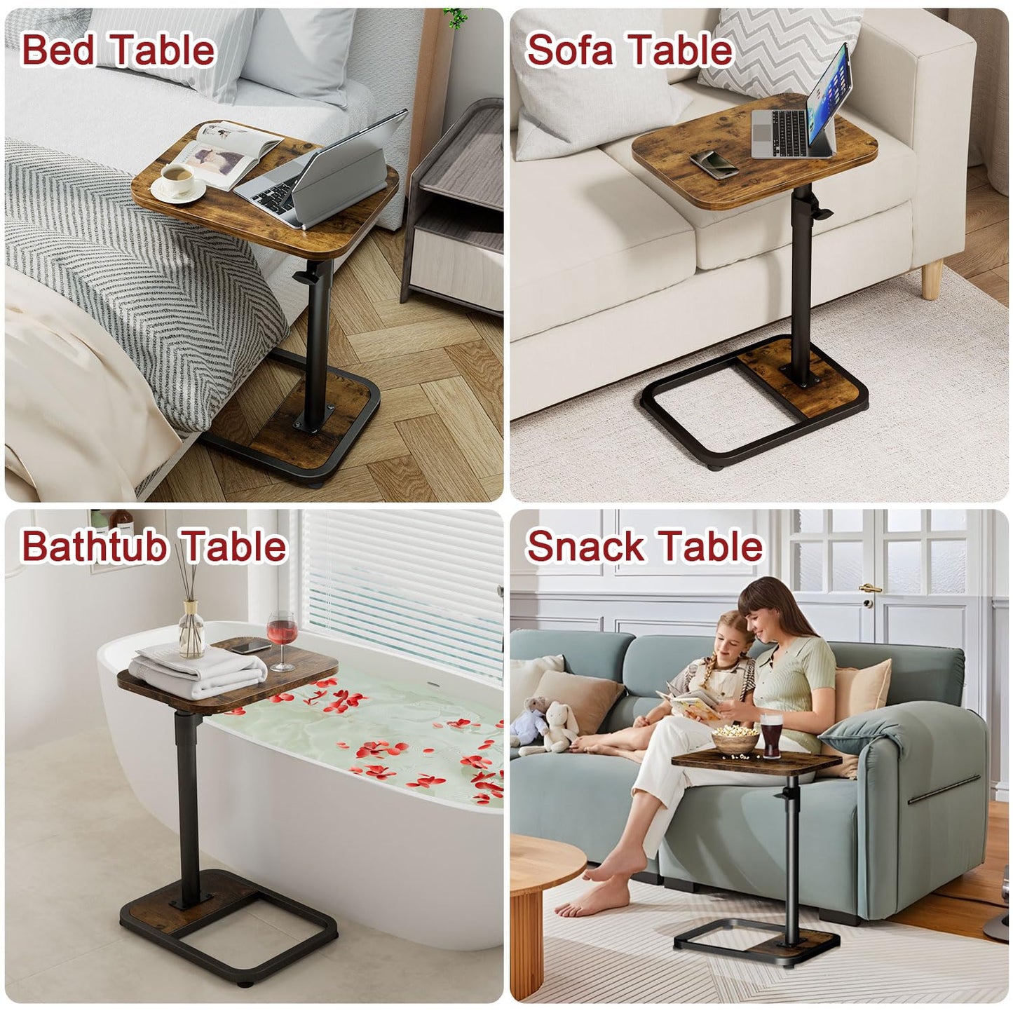 GOYLSER C-Shaped Tables Small Swivel End Table, Height Adjustable Side Tables Living Room, Rotating Snack Couch Wooden Tv Trays for Eating On Couch, Rustic Brown