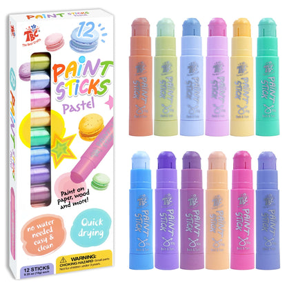 TBC The Best Crafts Paint Sticks, 12 Colors Pastel, Washable, Non-toxic, Tempera Paint Sticks for Kids and Students