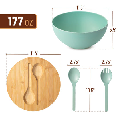 BAMBOO LAND- Extra Large Salad Bowl with Wooden Lid, 11.4 Inch/177 Oz, Mint Green, Bamboo Fiber Salad Bowl with Serving Utensils, Wide Applications