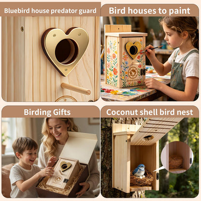 SORNADELUVRIX 2 PCS Bird Houses for Outside, Predator Proof Bluebird Houses Hanging, Wooden Bird Houses for Outdoors, Bird House Kits for Adults & Kids with Perch & Nesting Material