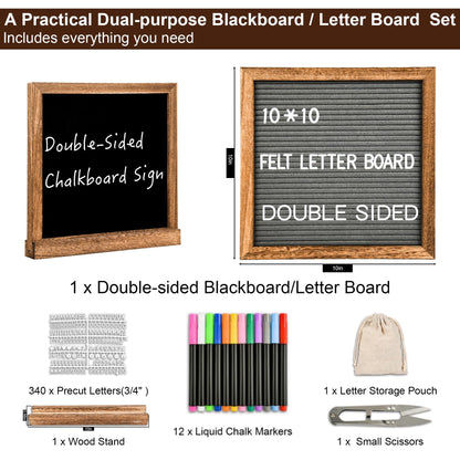 10" x 10" Double Sided Chalkboard Sign with Stand, Small Chalk Board Blackboard Wood Frame Felt Letter Board with 12 Chalk Markers and 340 Letters (Brown)