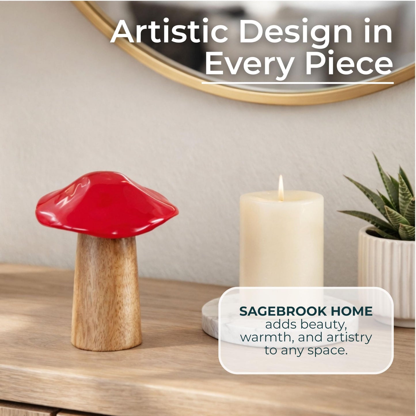 Wooden Mushroom Figurine Sculpture – Artful Accent for Room Decor and Boho Home Decor, for Shelf, Desk, or Tabletop Display, with Playful Nature-Inspired Design Detail – 6", Rustic Wood and Red