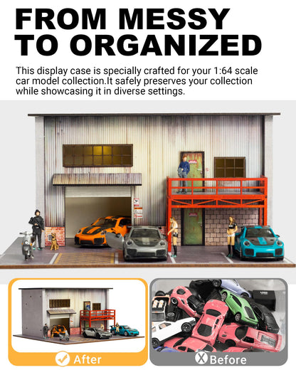 1/64 Scale Diecast Display Case, Wooden American Style Toy Car Garage Model with LED Light, 4-Parking Spaces Diorama Showcase for Hot Wheels and Matchbox Cars Storage