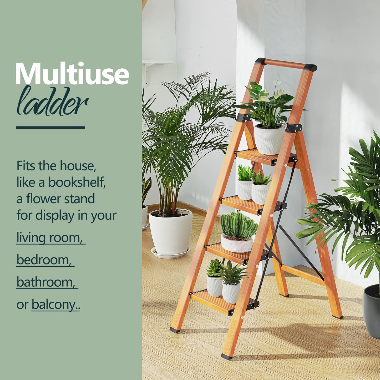 WOA WOA 4 Step Ladder, Ladders for Home, Anti-Slip Pedals, Aluminum Step Stool Foldable, Lightweight to Move, Ease of Storage, Reach 9ft for Closet Kitchen Library, Hold 300lbs - Wood Grain