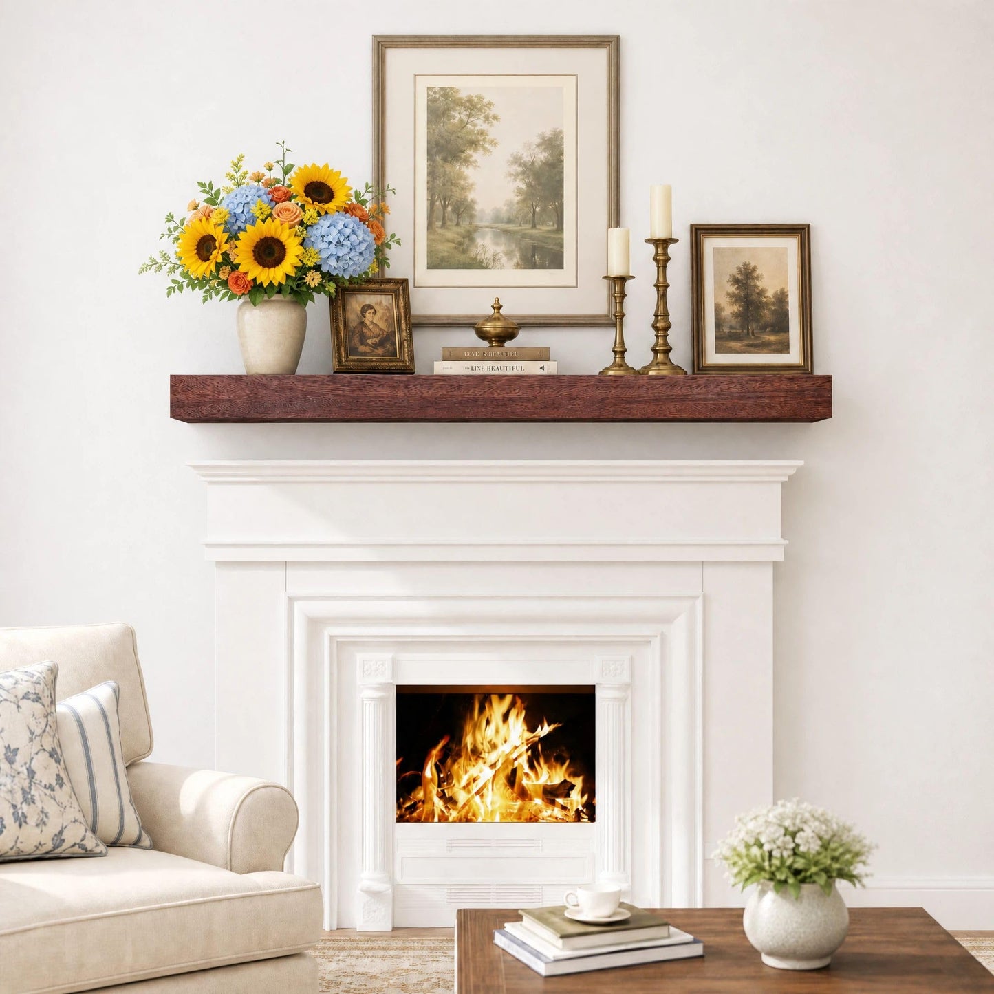 SAUMONIERES Fireplace Mantel Shelves 48 Inch Solid Wood Wall Mounted Long Floating Shelf Hollow, Brown