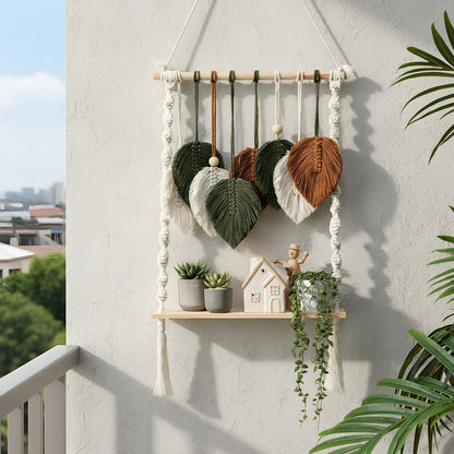 Fiwochic Single Tier Macrame Boho Wall Hanging Shelf Handmade Bohemian Wooden Woven Floating Storage Shelves Decor Photos Plants Display Shelving for Nursery Bathroom Bedroom Living Room