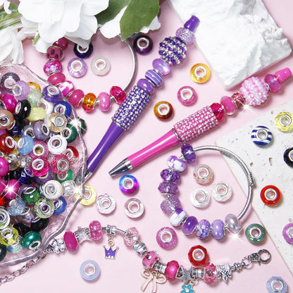200 Pieces Large Hole Beads Spacer Bead Mixed Assorted European Craft Big Beads Large Hole Lampwork Murano Fairy Wand Garden Bead for DIY Pens Charms Bracelet Necklace Keychain Jewelry Making Supplies