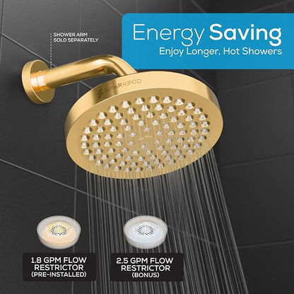 SparkPod Rain Shower Head, 6 Inch Round | High Pressure Shower Heads, 90 Nozzle (Touch-to-Clean), Adjustable Showerhead, No-tool Universal Connection