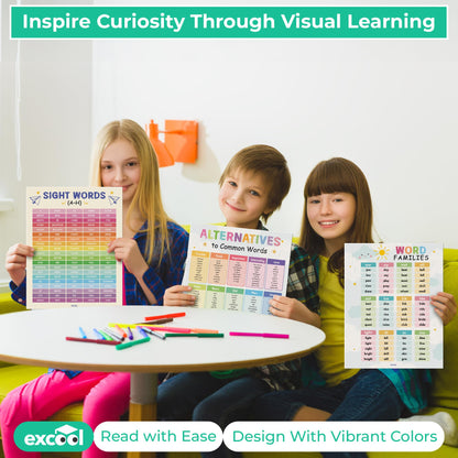 EXCOOL CLUB 12 Preschool Sight Words Poster - 11x14 Word Families Chart Educational Posters For Kindergarten Classroom Must Haves, Laminated Learning Posters For Toddlers, Homeschool, Playroom Decor
