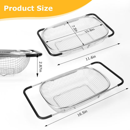 ZDRongZhen Kitchen Accessories Over the Sink Colander Strainer Basket，Stainless Steel Colander with Expandable Rubber Grip Sink Drainer-Rinse Vegetables Fruits &Strain&Drain (Large-Dense round hole)