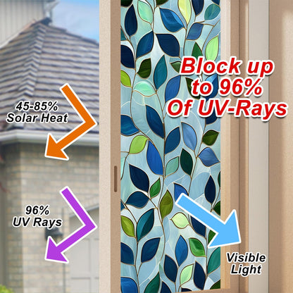 HOMETITUTE Green Leaf Window Privacy Film Blue Stained Glass Privacy Stained Glass Window Film Decorative Living Room Sun Blocking Decor Removable Static Cling Sticker 17.71x39.97inch
