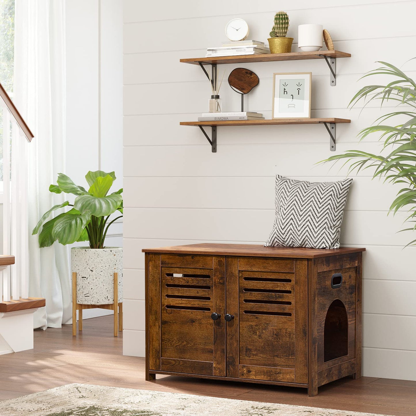 DINZI LVJ Wall Shelves, 23.6 x 7.9 x 6.1 Inch Floating Shelves for Wall, Easy-to-Install Wall Storage Ledges with Sturdy Metal Brackets for Living Room, Bathroom, Kitchen, Rustic Brown